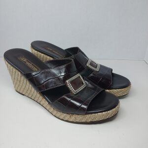 BRIGHTON DEVON WOMEN’S Size 9 M LEATHER Brown WEDGE Heel embellished Sandals